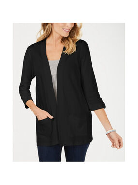 Karen Scott Women's XL 100% Cotton Black Open Front 3/4 Sleeve Cardigan NWT